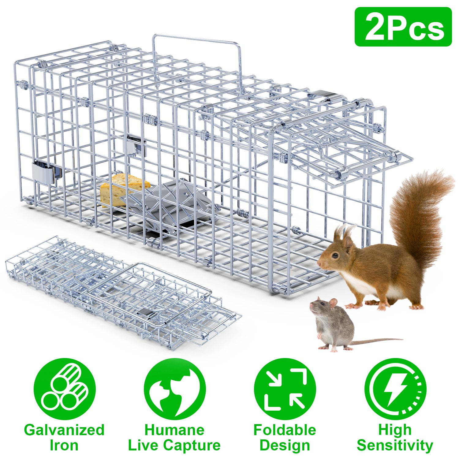 Imountek 2Pcs Foldable Rat Trap Cage, Humane Live Rodent Trap Cage Bait Catch with Detachable L Shaped Rod for Indoor Outdoor, 16"x5"x6"