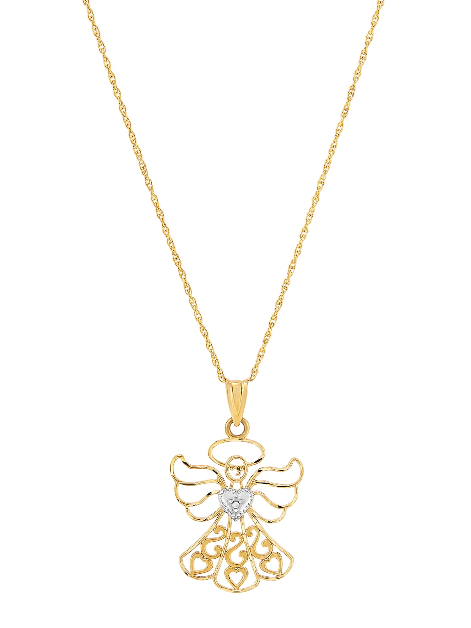 Solid 14k Yellow & White Two Tone Gold Filigree Angel Pendant 24mm x 15mm 