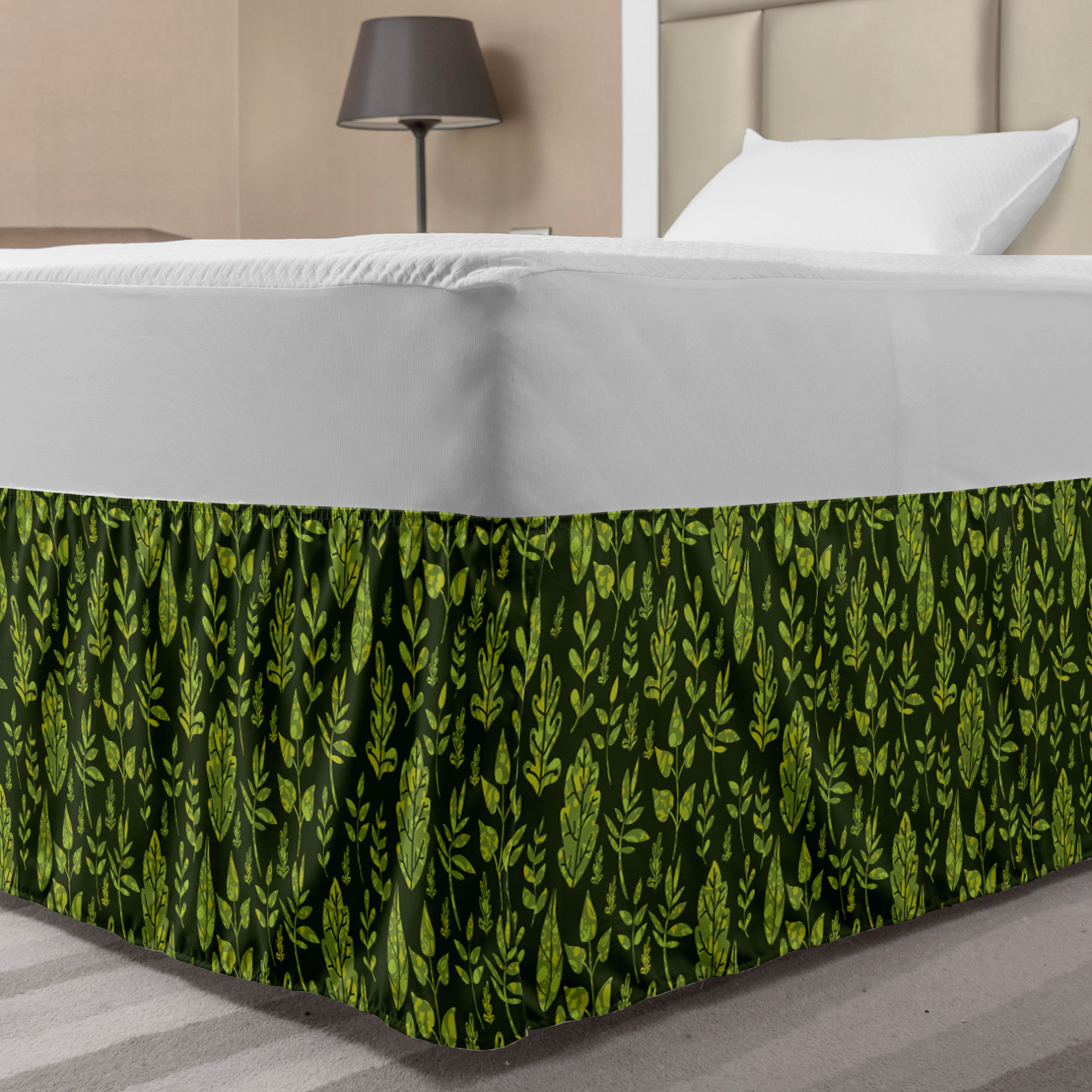 Sage Bed Skirt, Patterned Green Leaves Nature Inspired Composition