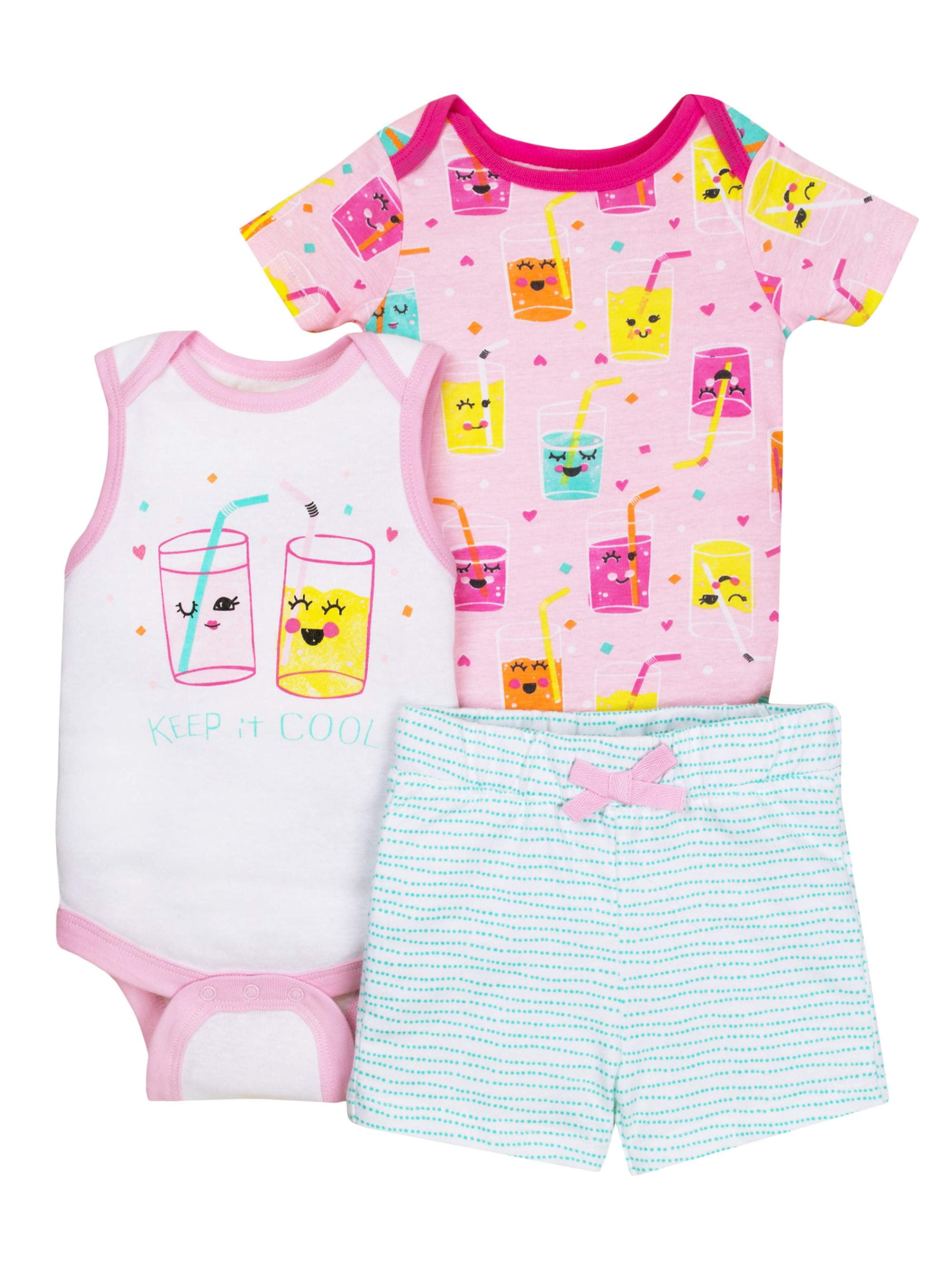 Baby Girl Sleeveless Bodysuit, Short Sleeve Bodysuit & Shorts, 3Pc Outfit Set