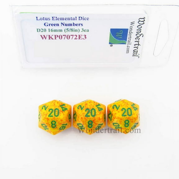 Lotus Elemental Dice with Green Numbers D20 16mm (5/8in) Pack of 3 Wondertrail