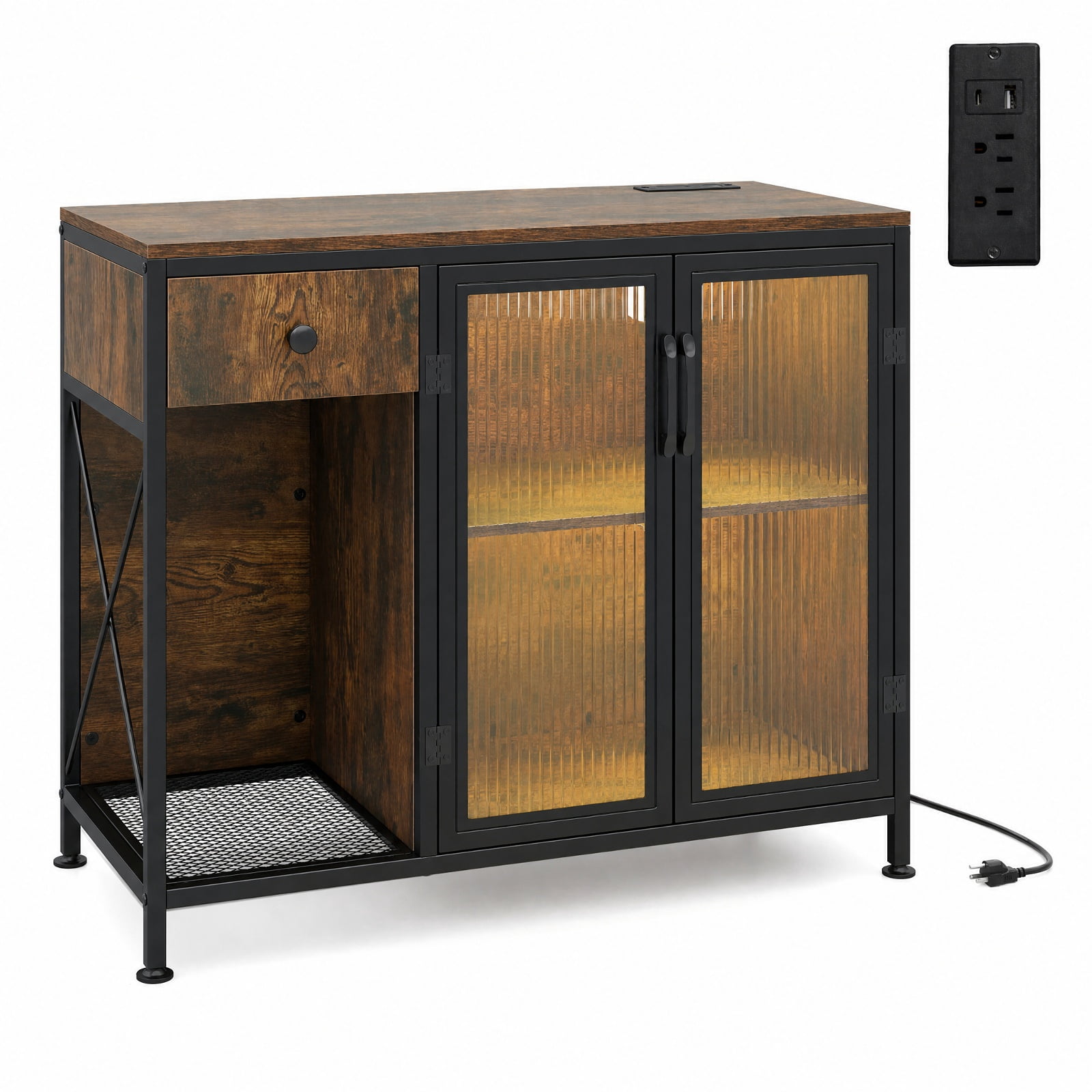 Furnibear Buffet Sideboard with Doors Power Outlets and LED Light for Kitchen Dining Living Room Buffet Storage Server, Rustic Brown