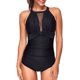 thumbnail image 1 of Traje de baño de bikini de una pieza plisado de malla con cuello alto y cuello en V de una pieza para mujer Negro L JM, 1 of 5