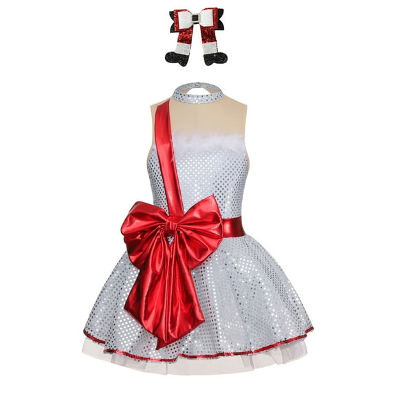 YiZYiF Kids Girls Sparkly Sequins Sleeveless Bowknot Tutu Skirt Dress Christmas Party Dance Costume White 8