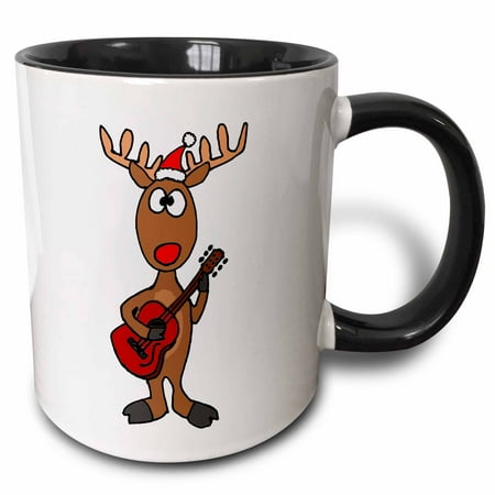 - 3dRose Funny Rudolph the Red nosed Reindeer Playing Guitar Christmas - Two Tone Black Mug, 11-ounce