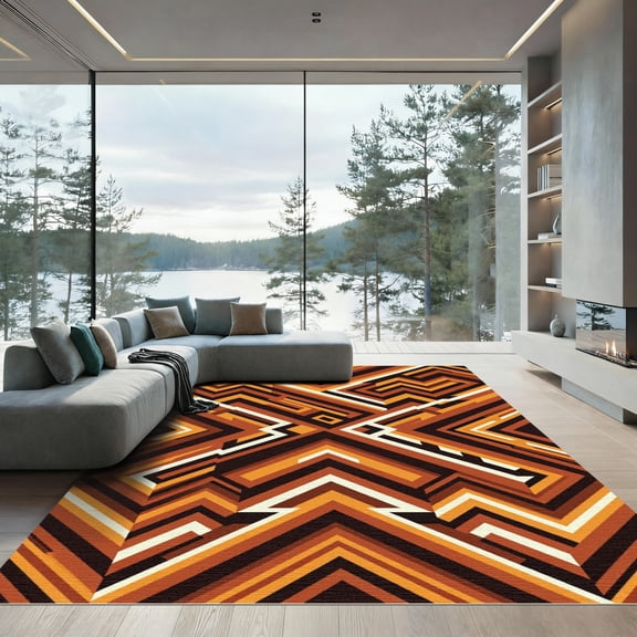 ODIKA 4' x 6' Machine Washable Non-Slip Area Rug, geometric geometric High Traffic Rug, Orange, 981013