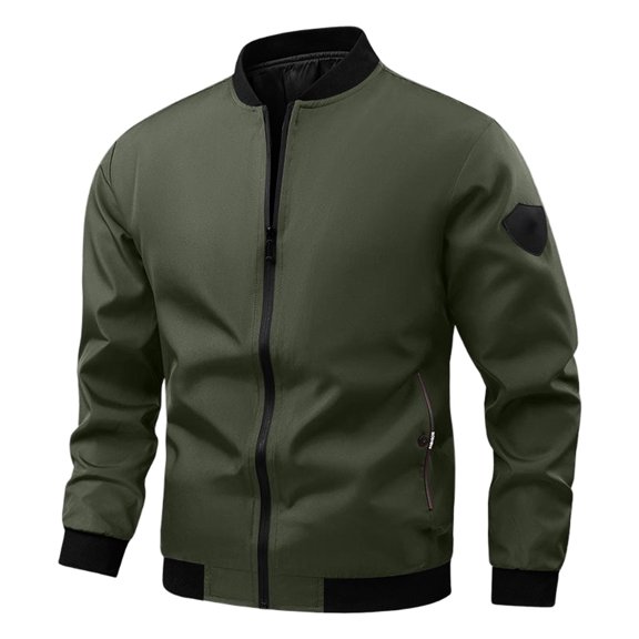 Men's Casual Spring and Fall Jacket Lightweight Bomber Jacket Men Color Block with Zipper Pocket Outerwear for Daily Wear Army Green L