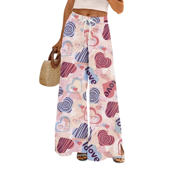 LWavelet Soft Fabric Bow Polka Dot Wide Leg Pants Women Daily Casual Wear Pink M