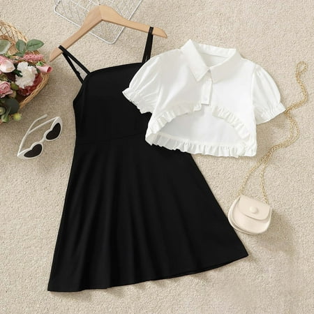 

Paiwinds Summer Girls Children s Wear Suspender Dress Shirt Small Coat Two-piece Set Black 13-14 Years