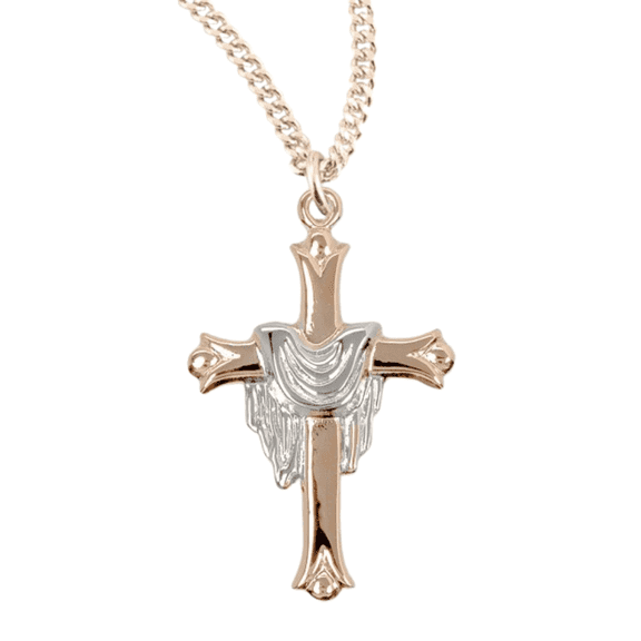 16kt Gold Plated Sterling Silver Leaf Tipped Cross With Rhodium Plated Robe Cross Bar Pendant, 18" Gold Plated Stainless Steel Chain Necklace, Made in USA - Deluxe Velvet Gift Box