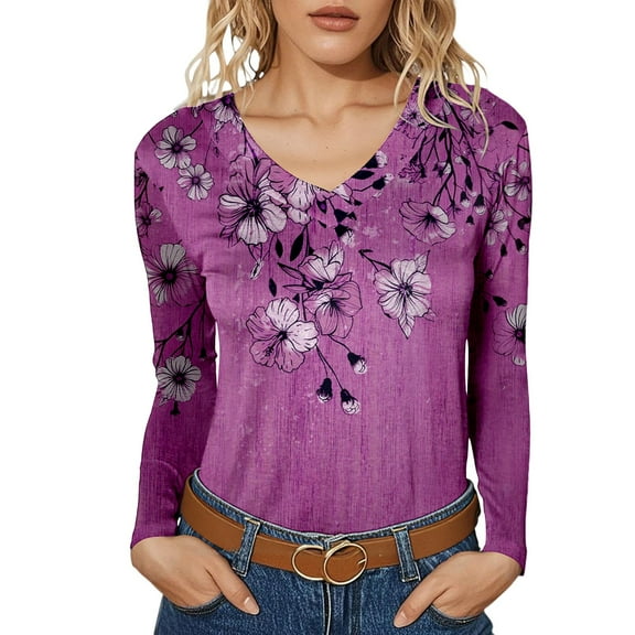 Fiaer V Neck Long Sleeve T Shirts for Women V Neck Oversized Tshirts Floral Printed Loose Fit Fashion Tops Dark Purple XL