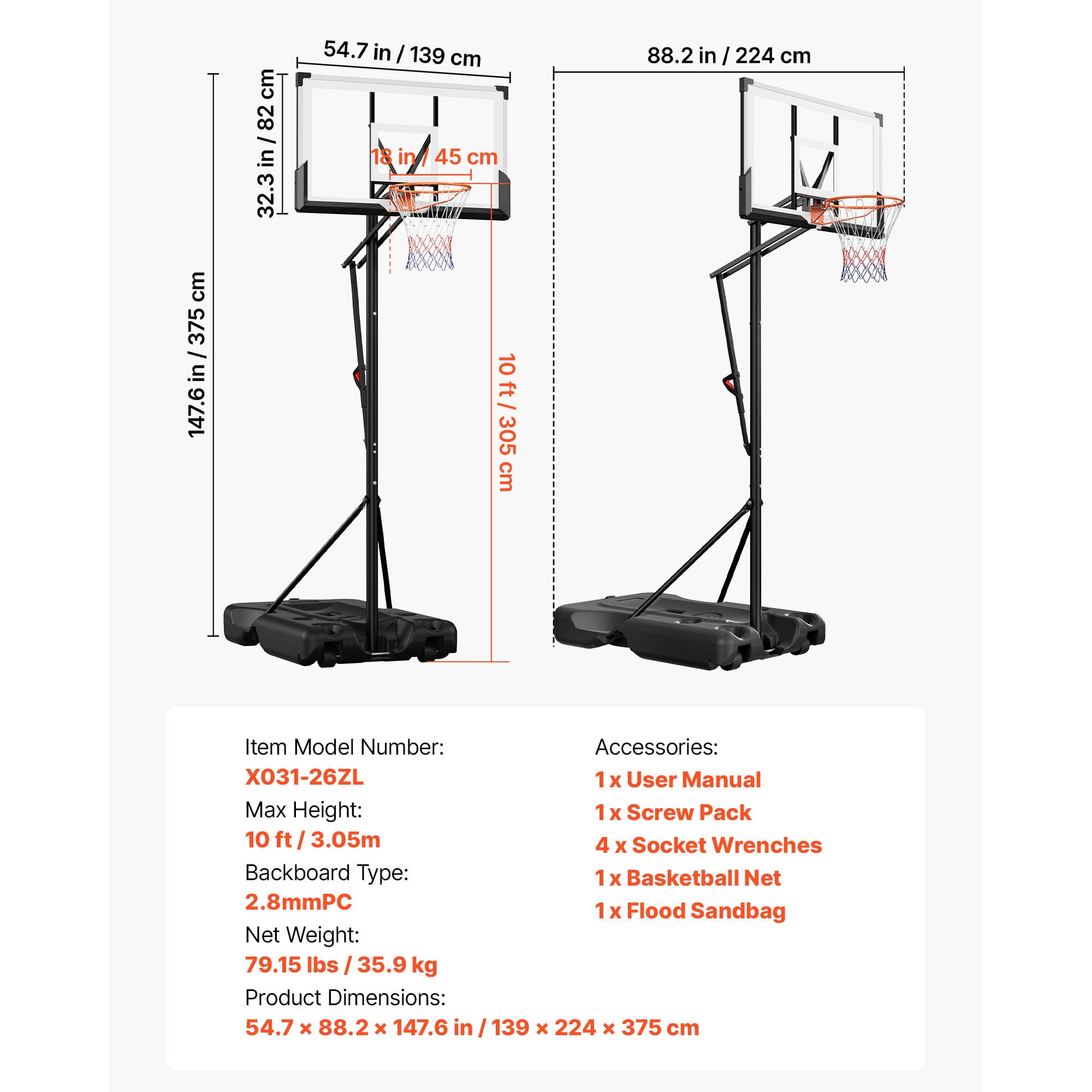 KFFKFF Portable Basketball Hoop with Adjustable Height Outdoor – 10 ft, 79.15 lbs, Red