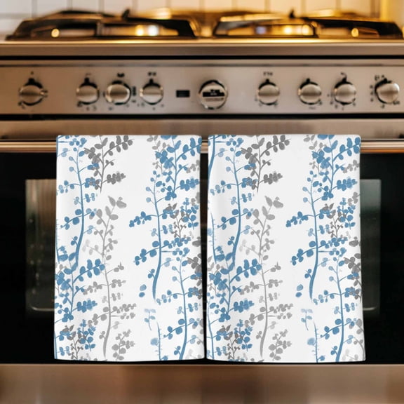 Blue Grey Botanical Kitchen Towels Set of 2, Spring Floral Summer Farmhouse Absorbent Dish Towels for Kitchen, Microfiber Hand Towel, Quick Drying Tea Towel for Cleaning Decorative Dishcloths