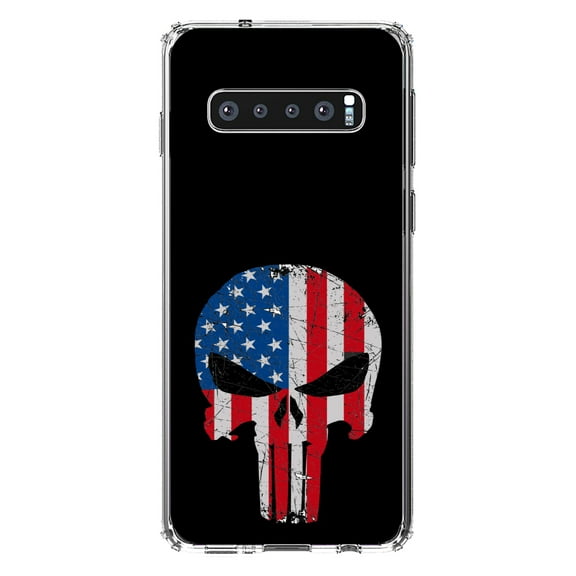 DistinctInk Clear Shockproof Hybrid Case for Samsung Galaxy S10 (6.1" Screen) - TPU Bumper, Acrylic Back, Tempered Glass Screen Protector - US Flag Skull Red White & Blue