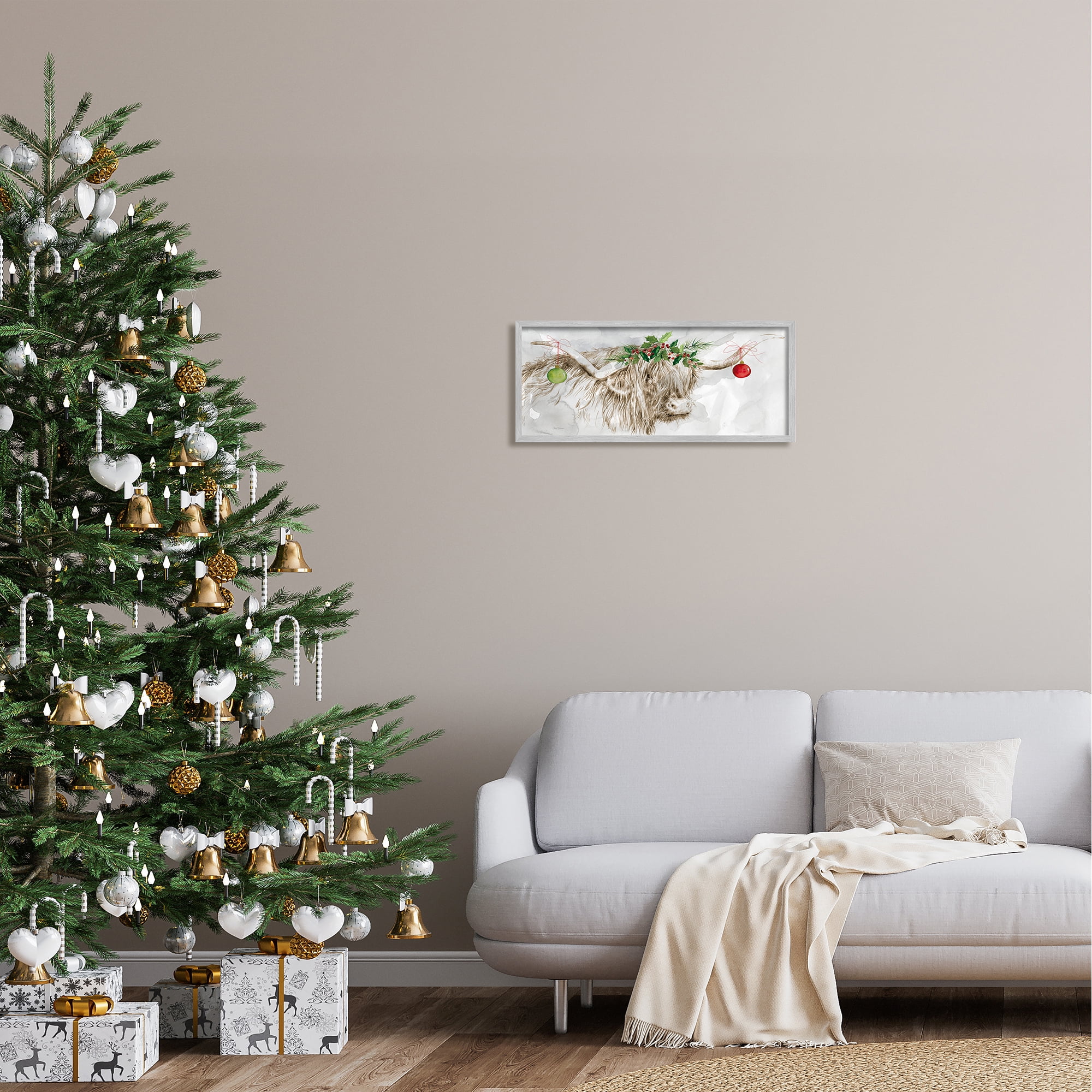 Stupell Industries Cattle with Christmas Ornaments Holiday Painting Gray Framed Art Print Wall Art