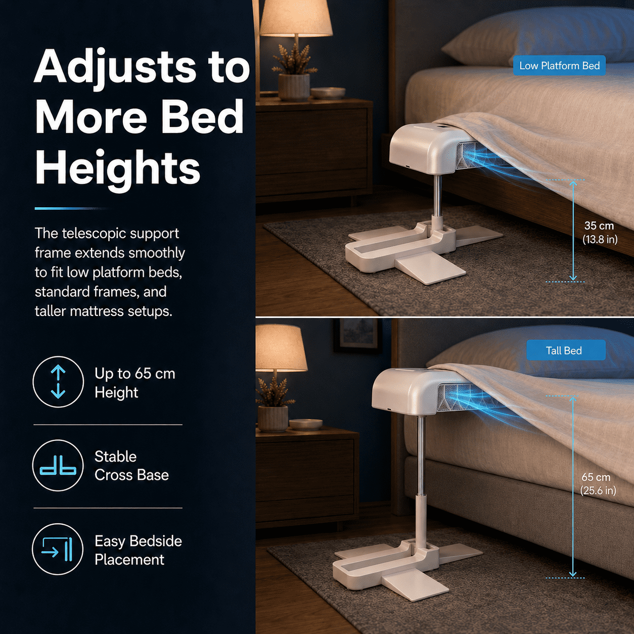 Breezel for Hot Sleepers, Breezel Bed Cooling Fan, Directed Airflow Conveyance with Adjustable Supports, Silent Operation with Cordless Power Supply and Five-Speed Adjustment, Ideal for Indoor