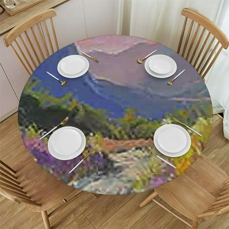 

Tllo0ord Flower Round Fitted Tablecloth Cover Oil Painting Colorful Summer Garden With Flowers Print Elastic Edged Polyester Fitted Table Cover xLarge Fit Round Tables for Party Dining 38-42