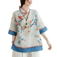 thumbnail image 3 of YM YOUMU Women 3/4 Sleeves Chinese Ethnic Floral Printed Shirt Stand Up Frog Button Traditional Cheongsam Blouse Tops, 3 of 4