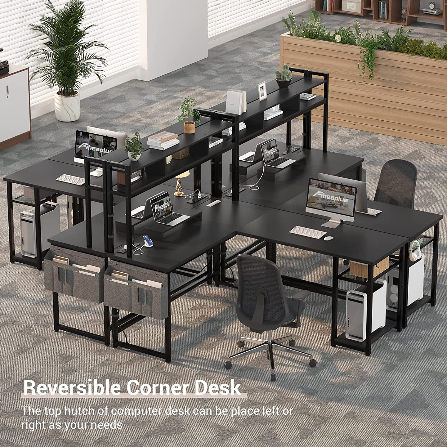 Homieasy L Shaped Desk with Power Outlet, LED Strip, Storage Shelf, Monitor Stand and Hutch, Black