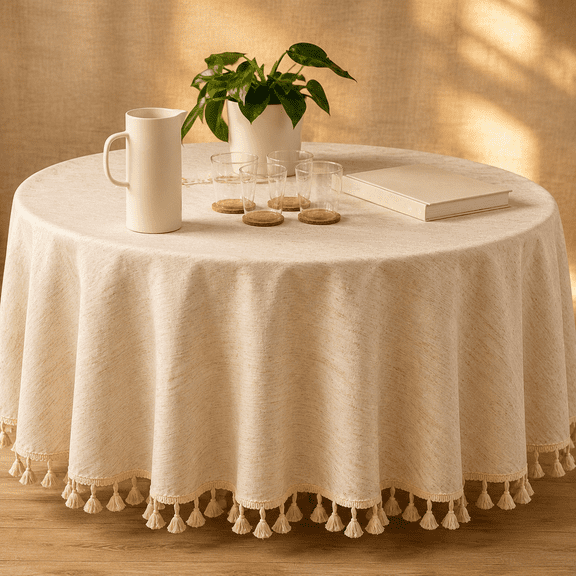 Round Tablecloth with Beige Tassels, 60 Inch Linen Look Waterproof Cover