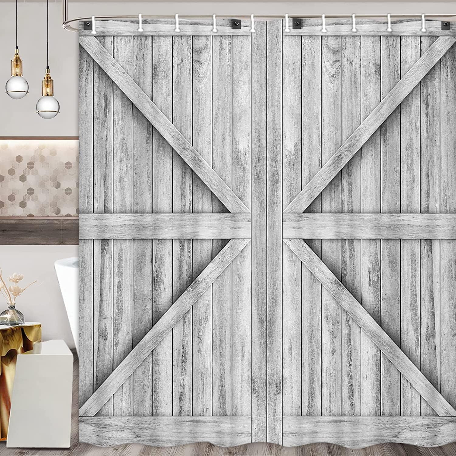 Rustic Barn Door Shower Curtain Gray and White Wooden Vintage Farmhouse