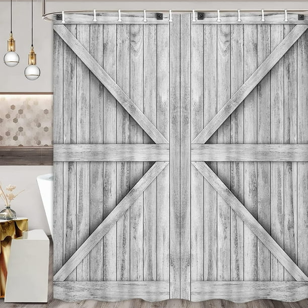 Rustic Barn Door Shower Curtain Gray and White Wooden Vintage Farmhouse
