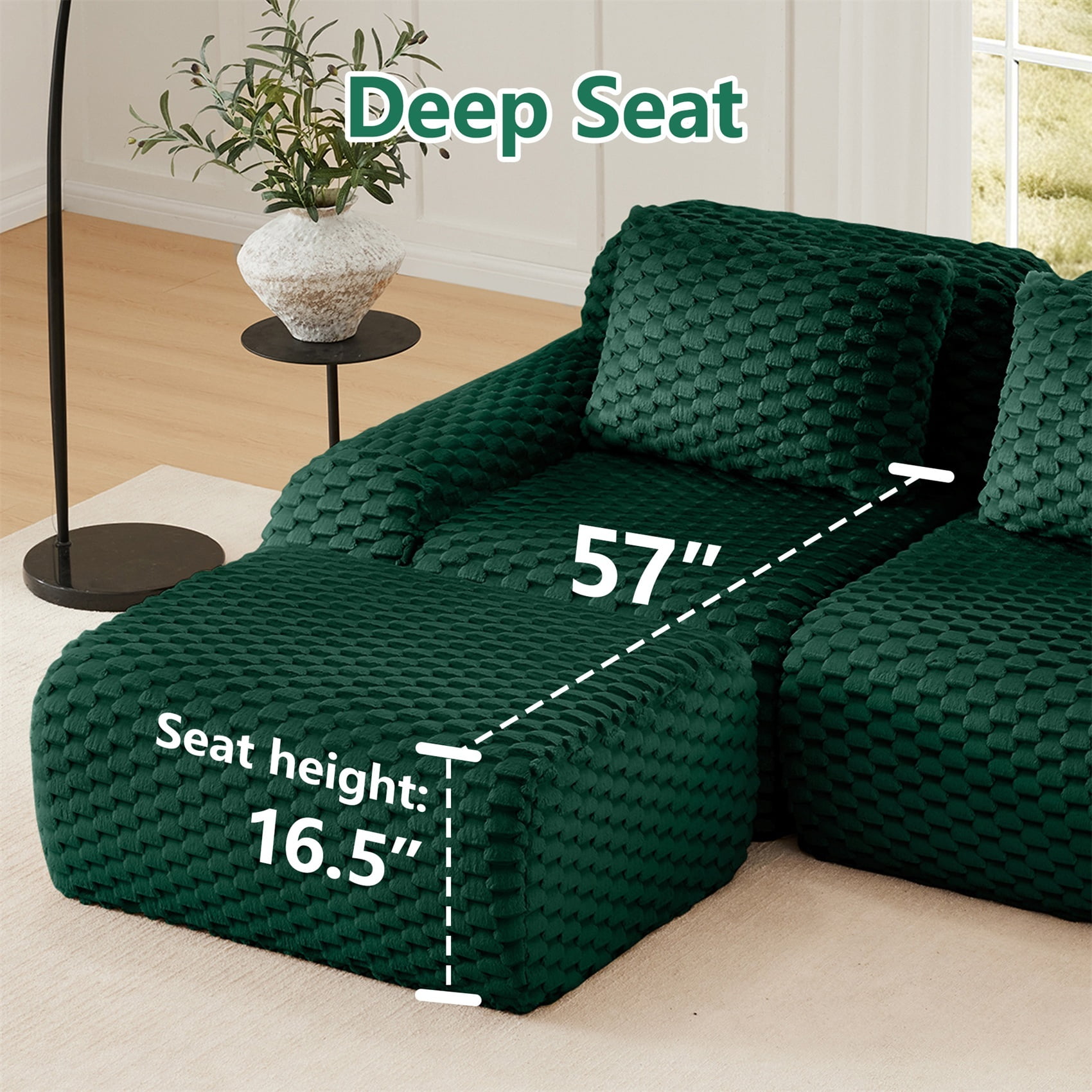 Alvantor 114" Cloud Modular Sectional Sofa with Movable Ottoman, L Shaped Deep Seat Flannelette Boneless Couch for Living Room Bedroom Green