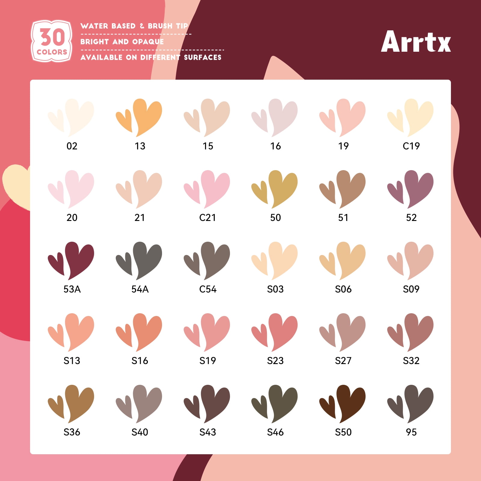 Arrtx Skin Tone Acrylic Markers Set, 1-6 mm Brush Tip Acrylic Paint Pens for Rock Painting, Glass, Wood, 30 Count