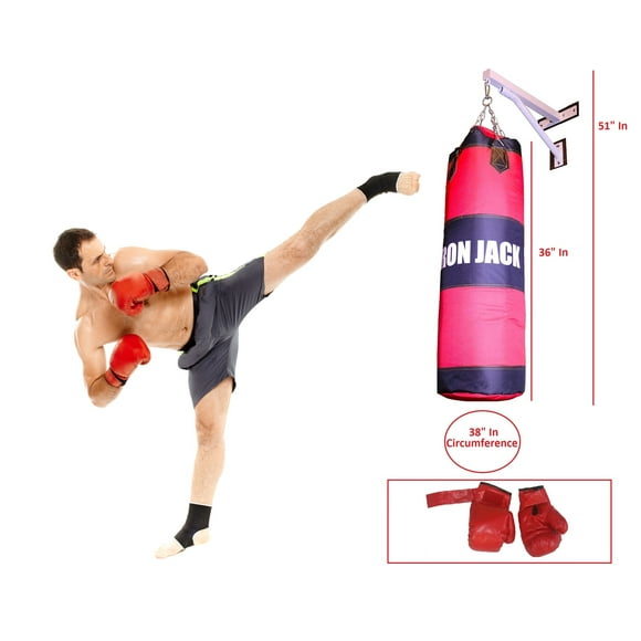 X Factor Iron Jack Ultimate Heavy Bag Boxing Punching Bag, Unfilled Sandbag MMA Karate Muay Thai Kick Boxing, Punching Training, White Wall Mount Hanger Bracket Training Bag w Gloves Full Set