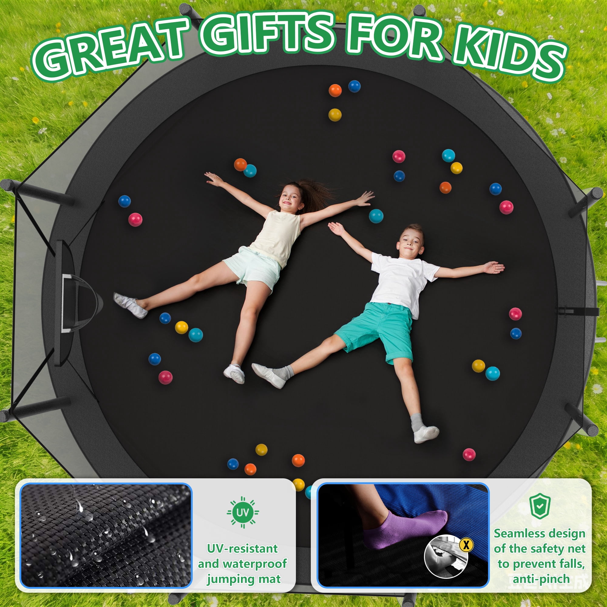 LHX Trampoline with Basketball Hoop 8FT 800LBS Outdoor Trampolines for Kids Adults Backyard Heavy Duty Round Trampoline with Safety Enclosure Net, Ladder, Recreational Trampoline, No Gap Design
