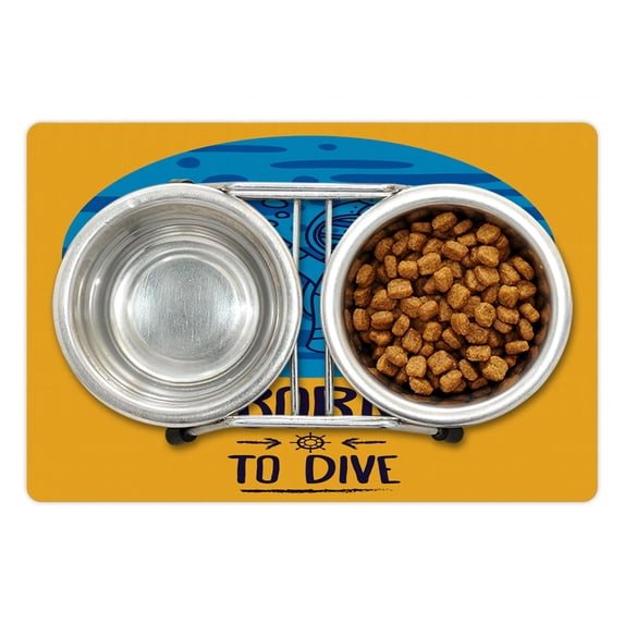 Underwater Pet Mat for Food and Water, Born to Dive Message with Diver in the Sea Jellyfish Adventure Scuba, Non-Slip Rubber Mat for Dogs and Cats, 18" X 12", by Ambesonne