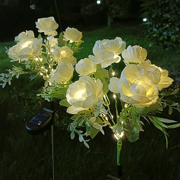 Lámpara solar de exterior con forma de peonía, 7 luces LED de simulación, resistente al agua, para decoración de jardines, caminos, patios y terrazas. Lámpara de pie de plástico.