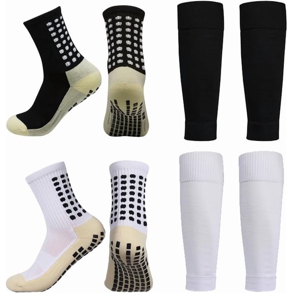 2 Set Anti-Slip Grip Soccer Socks with Shin Guard Sleeves, Sports Athletic Socks for Men Women