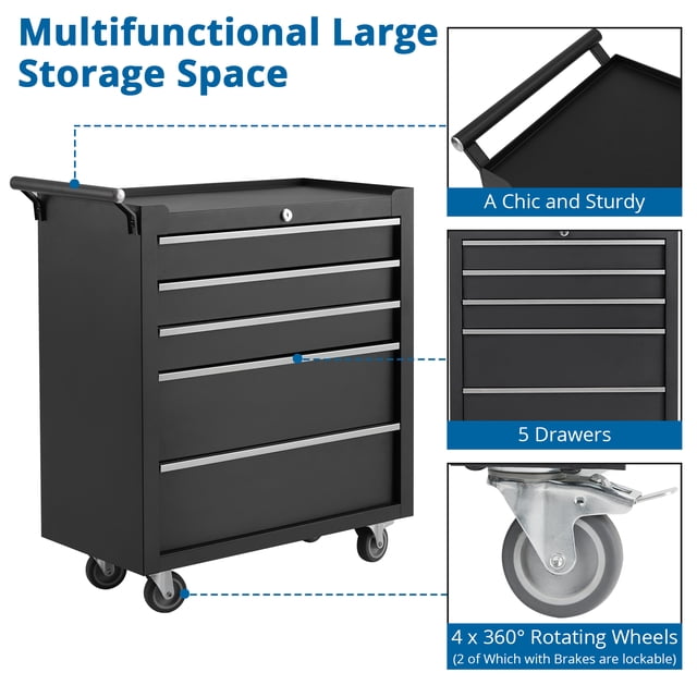 Kojooin 5-Drawer Rolling Tool Chest, Portable Tool Cabinet with Wheels and Locking System for Garage or Workshop