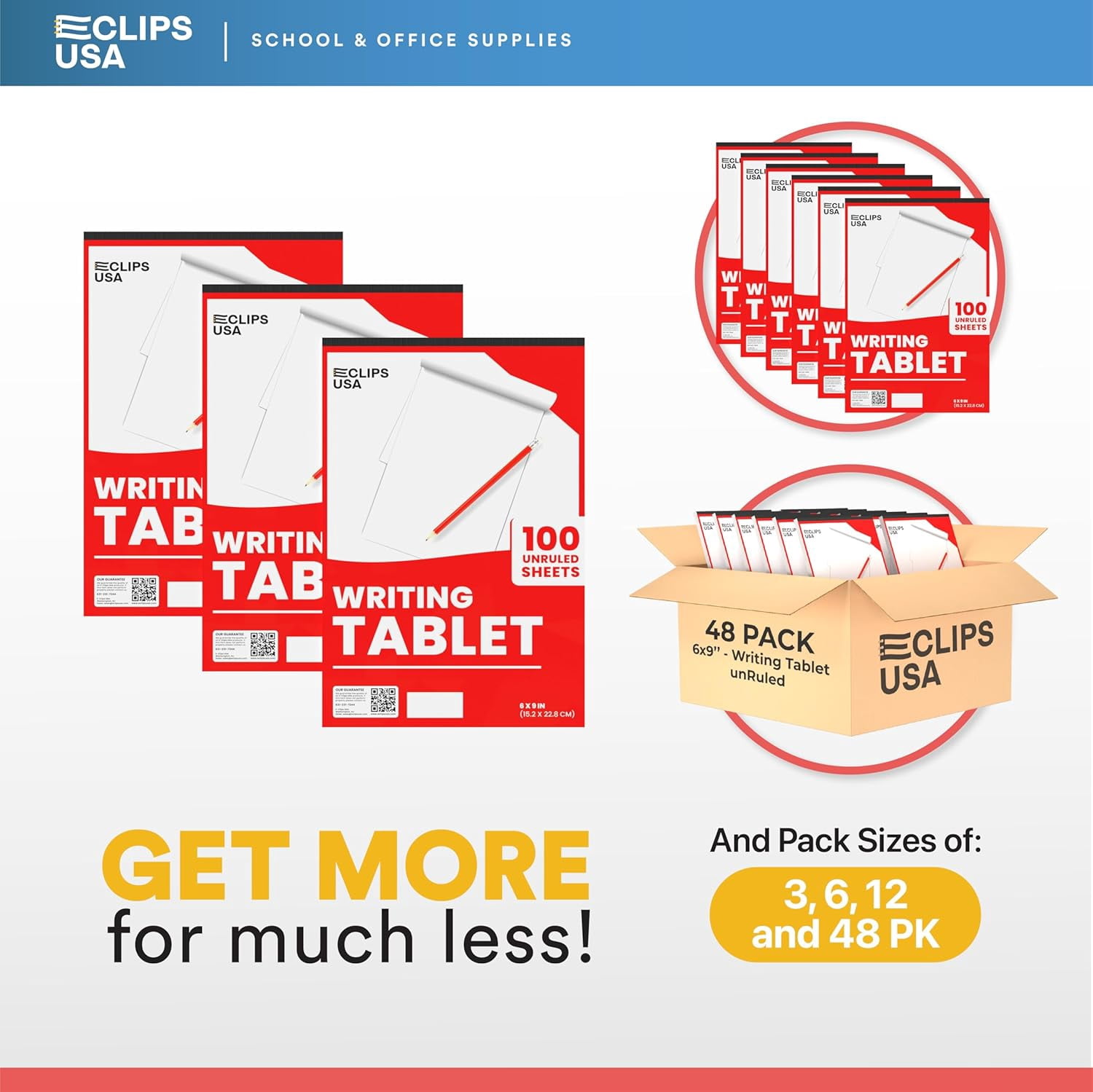 E-CLIPS USA Unruled Writing Tablet Note Pads, 9” x 6”, 100-Sheet Pad, 12-Pack