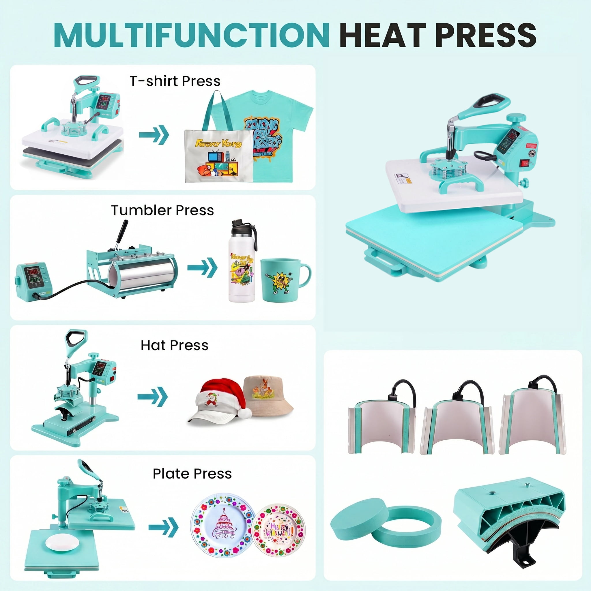 Adnoom Heat Press Machine 15x15 8 in 1, 1200W Sublimation Heat Transfer Machine Combo, 360° Swing Away, Digital Heat Press for Tshirt Plate Cap Mug, Green