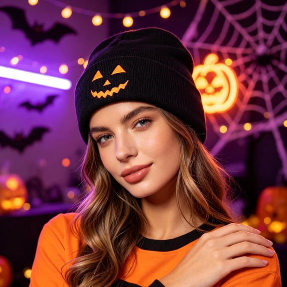 Jamicy Women's Beanies Hats Fashion Embroidered Pumpkin Knitted Beanie Hat Winter Thick Warm Soft Cute Hat for Winter Fall