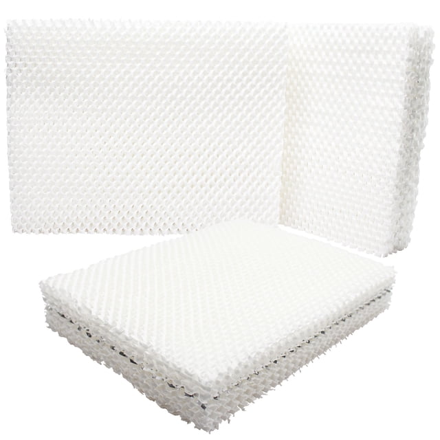 3-Pack Replacement Holmes HM1550 Humidifier Filter compatible with Holmes HWF45 air filter. The filters are white with a honeycomb mesh design, measuring approximately 7-3/8 inches wide, 9-5/8 inches long, and 1-3/4 inches thick. Designed for air purification and humidifier efficiency.