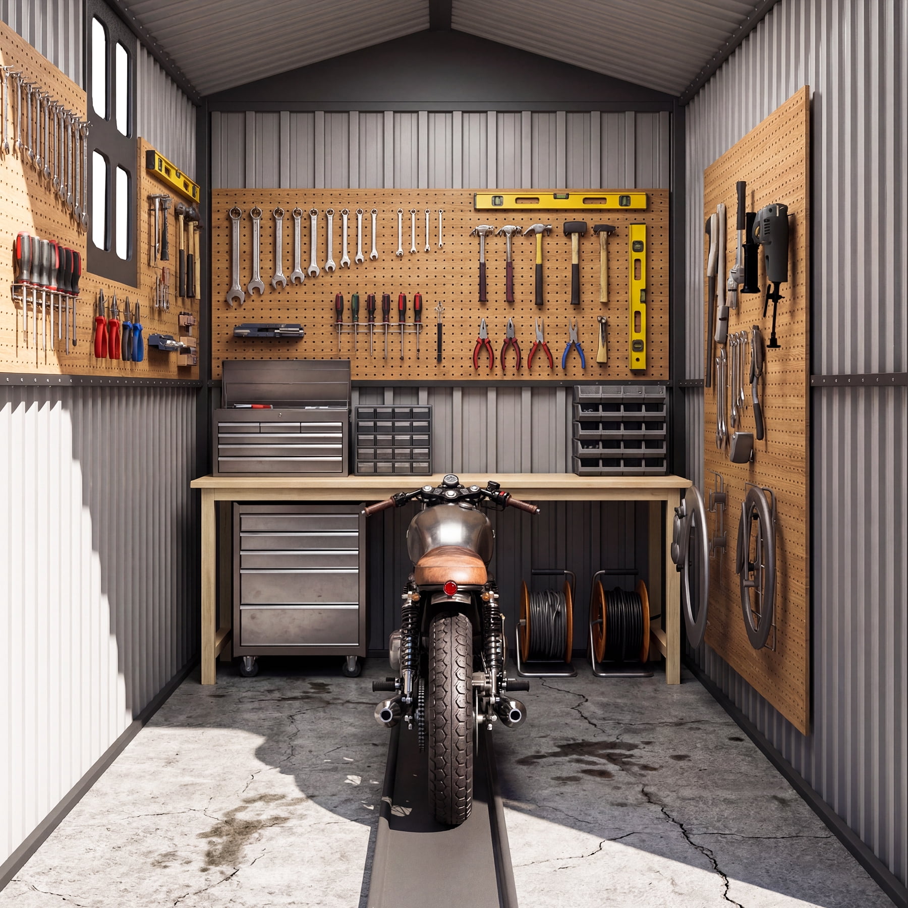 Chery Industrial Outdoor Metal Motorcycle Storage Shed with Window ,Tracks & Fixtures,Grey
