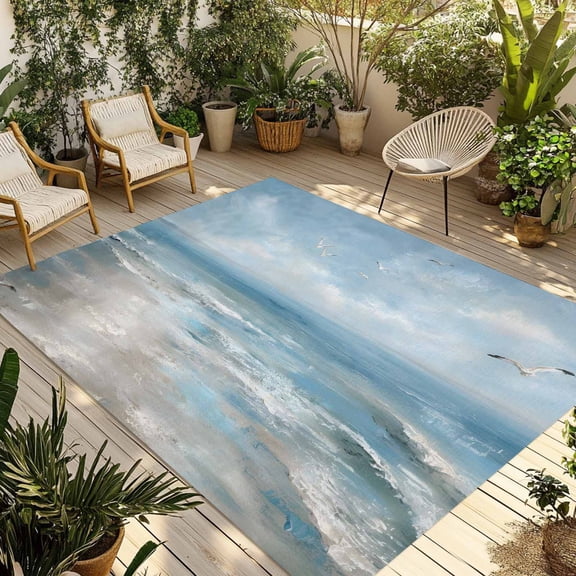 Blue Seaside Outdoor Rug for Patio/Deck/Porch, Non-Slip Large Area Rug 4 x 6 Ft, Birds Waves Modern Oil Painting Summer Beach Indoor Outdoor Rugs Washable Area Rugs, Camping Rug Carpet Runner