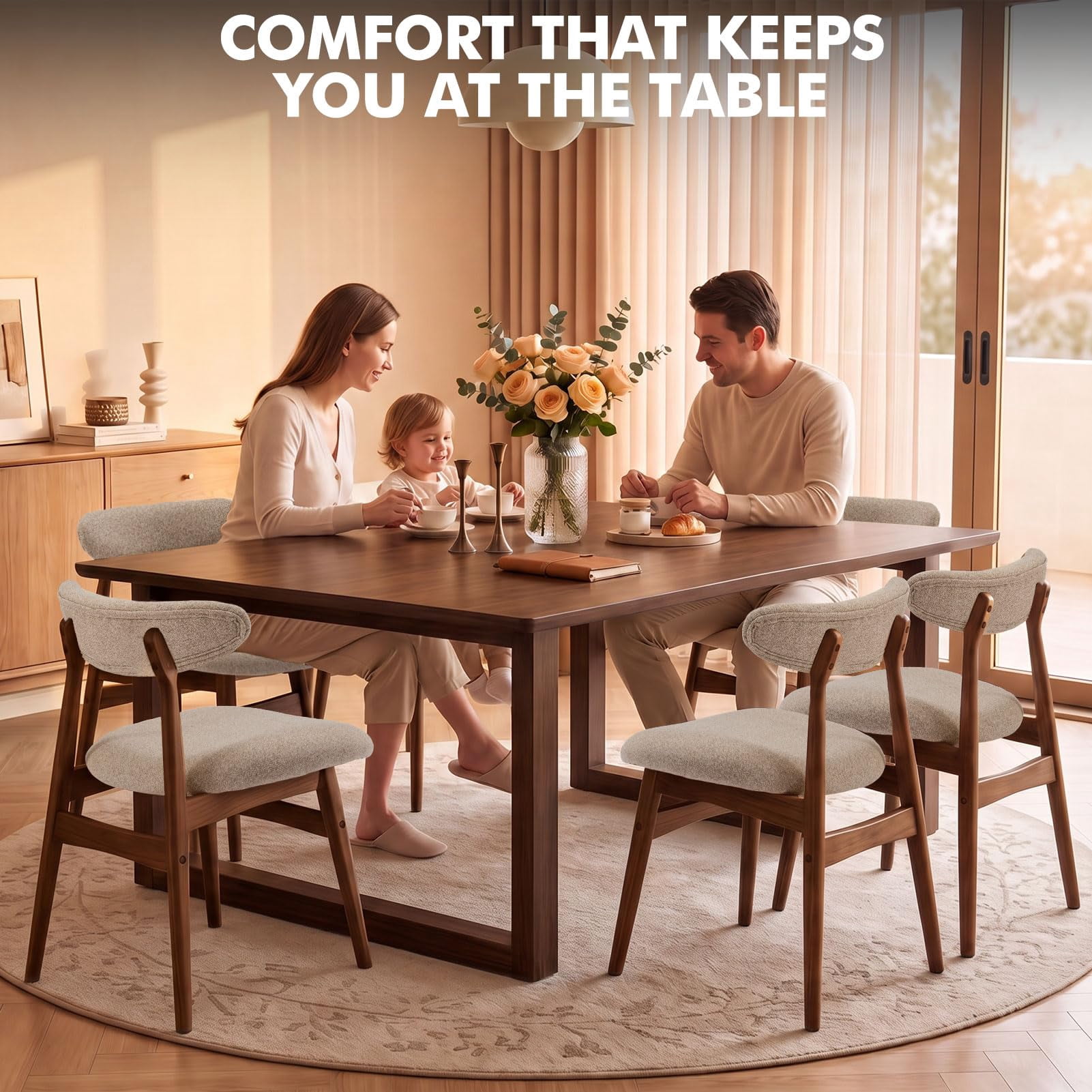 Upholstered Dining Chairs Set of 2, Lumbar-Ergonomic Backrest Chairs with Adjustable Foot Pads