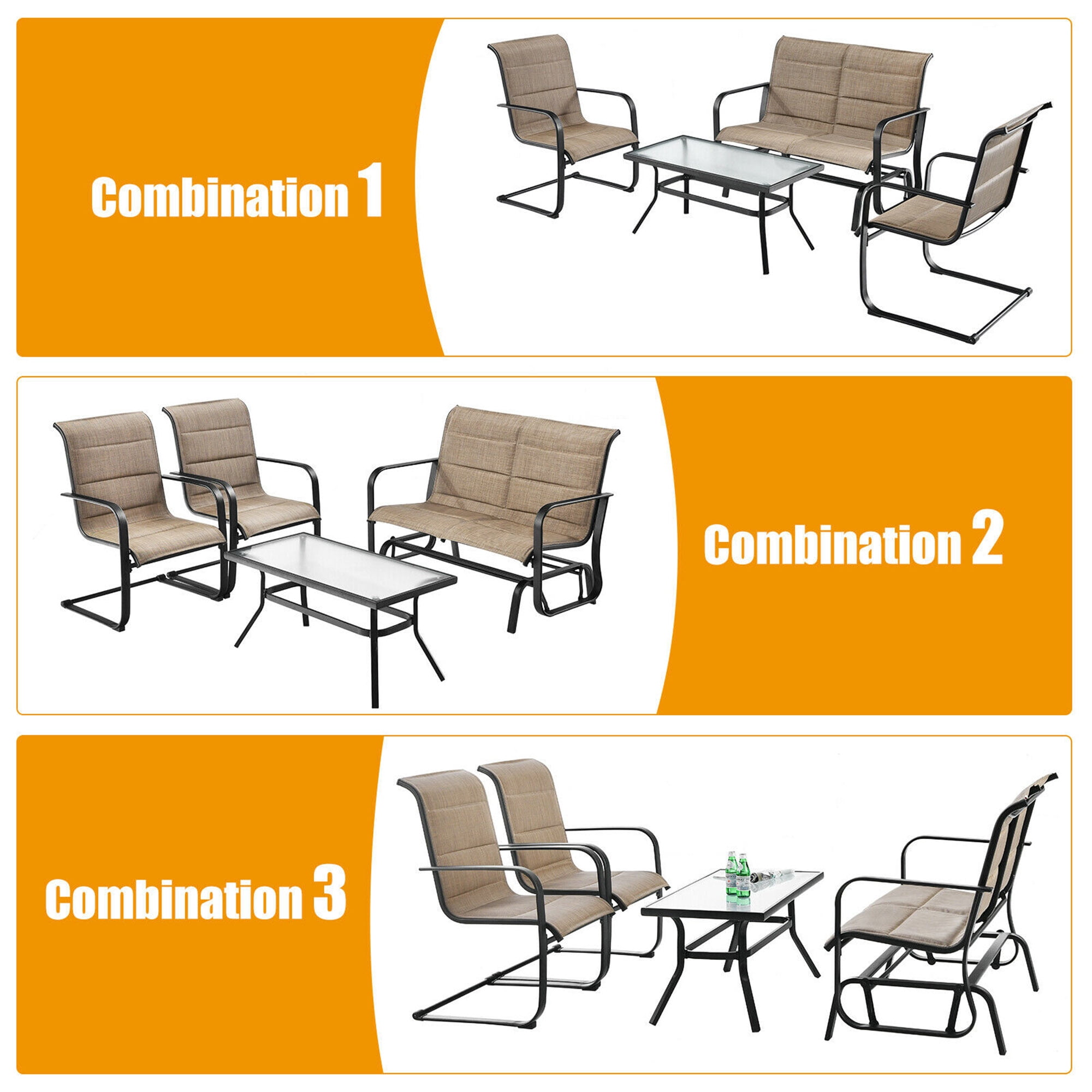 Gymax Fashion 4PCS Patio Conversation Set Cotton Padded Furniture Set w/ Swing Glider Loveseat