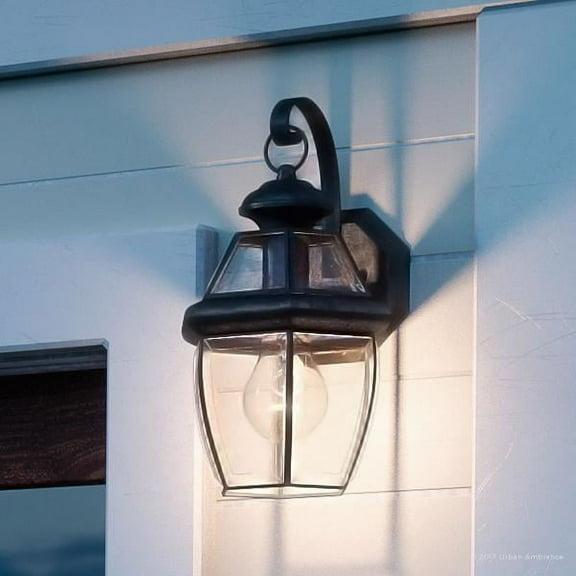 Urban Ambiance Luxury Colonial Outdoor Wall Light, Small Size: 11.5"H x 7"W, with Tudor Style Elements, Versatile Design, High-End Black Silk Finish and Beveled Glass, UQL1140