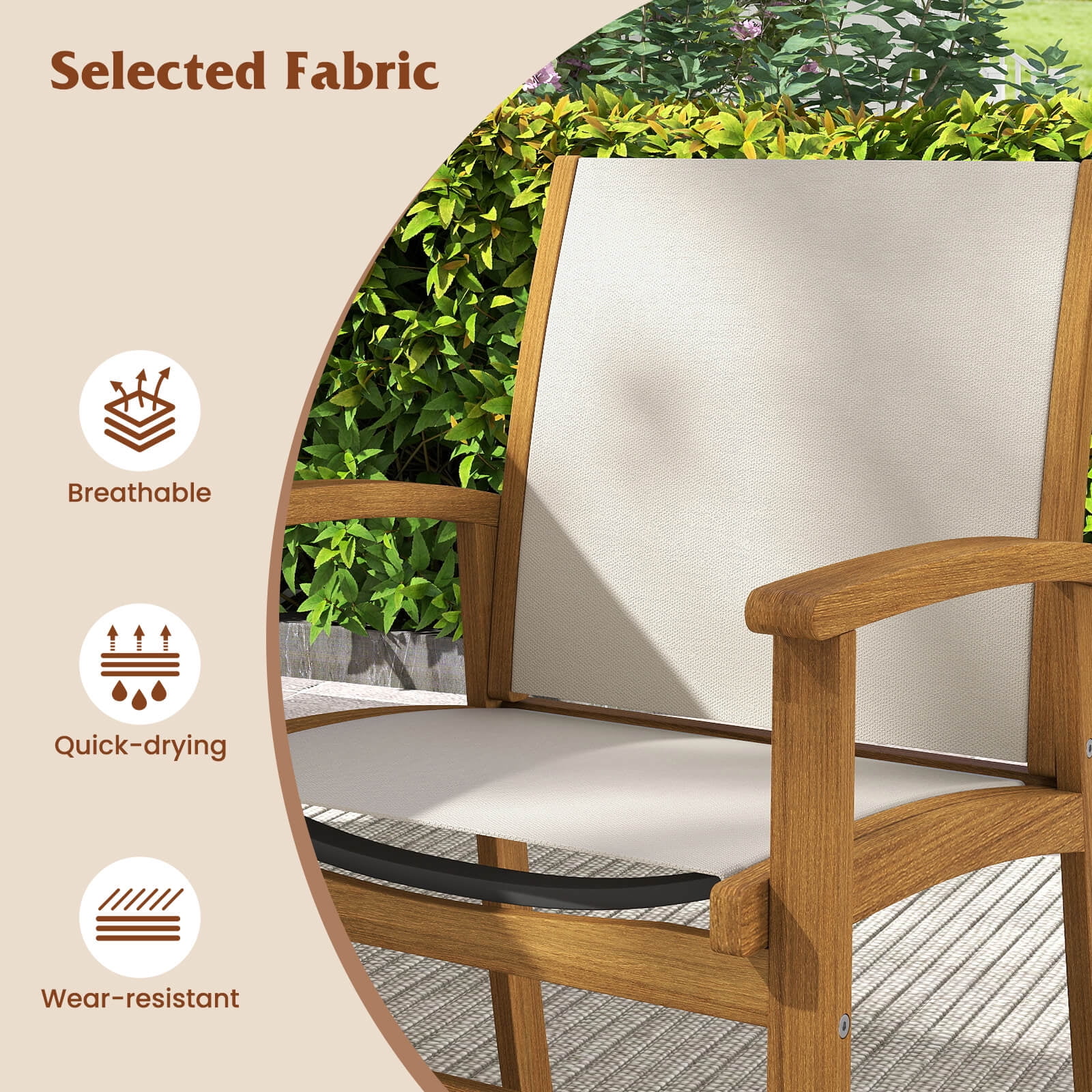 Costway 4 PCS Outdoor Dining Chairs Acacia Wood Patio Chairs with Breathable Fabric Seat