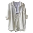 thumbnail image 3 of Womens Plus Size 2 Piece Outfit Spring Crinkle Long Sleeve Lapel Collar Shirt with High Waist Drawstring Shorts White L, 3 of 6