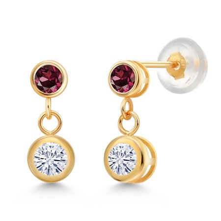 Gem Stone King 14k Yellow Gold White Moissanite and Red Rhodolite Garnet Two Stone Dangle Earrings for Women (0.70 Cttw, Gemstone, Round 4MM, Round 3MM)