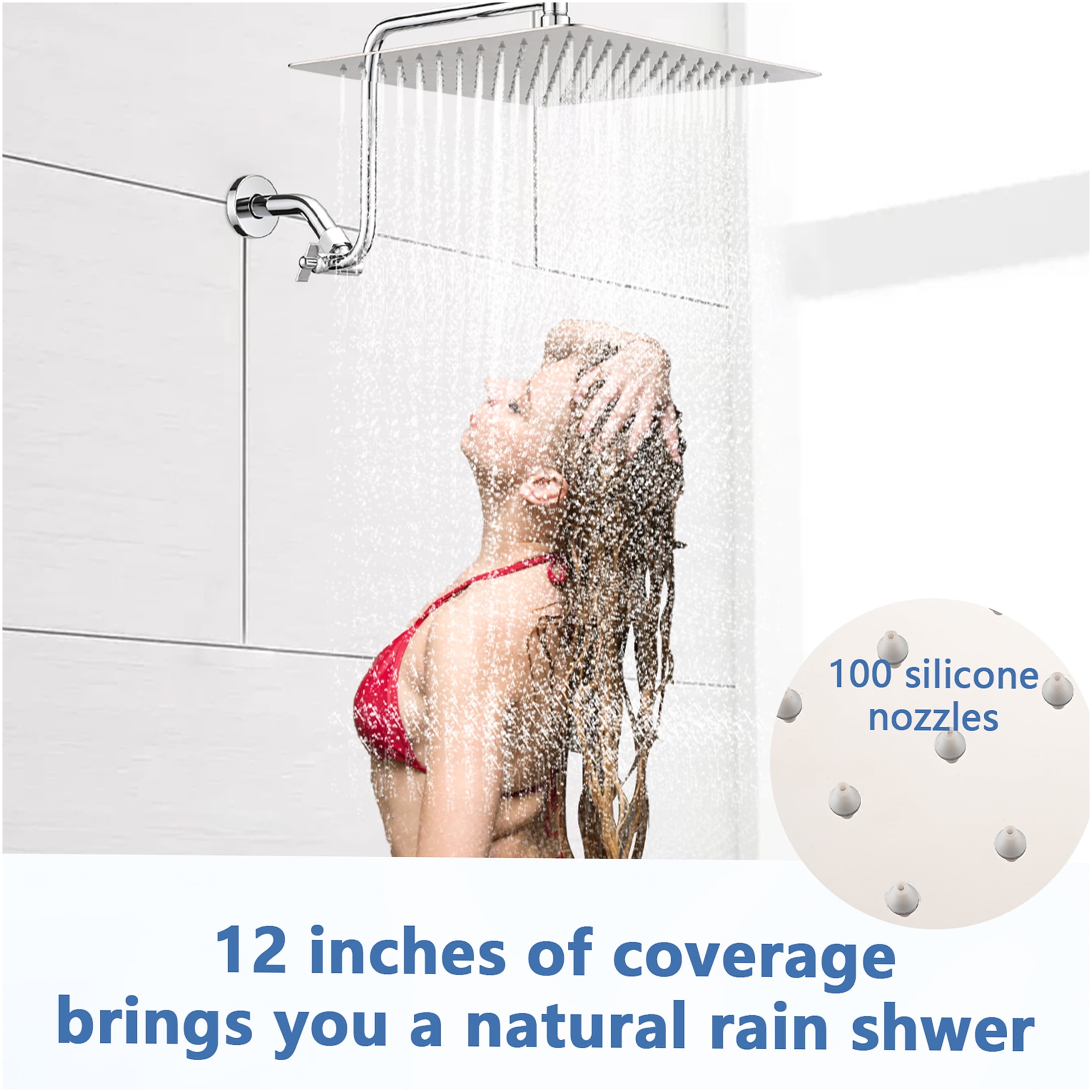 JERFIT 12 Inch Square Rain Shower Head with Adjustable Extension Arm, Wall Mounted High Pressure Stainless Steel Showerhead, Chrome Finish
