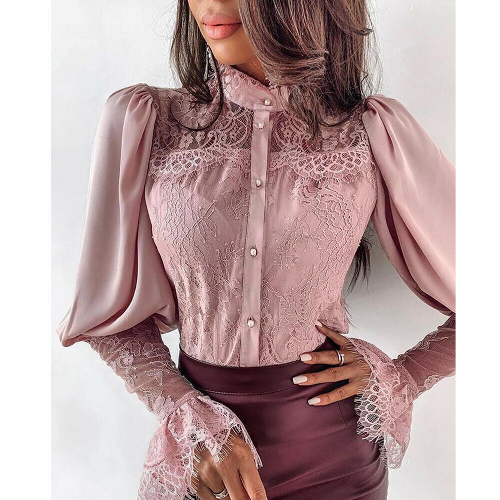 Women's Long Sleeve Blouse Embroidered Rose Tassel Organza Patchwork Top Shirt