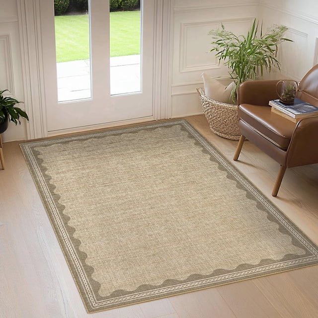Nanan 3'x5' Scalloped Edge Area Rug, Machine Washable Low-Profile Woven Carpet, Non-Slip Soft Textured Rug for Living Room Bedroom Nursery Home Decor,Heather