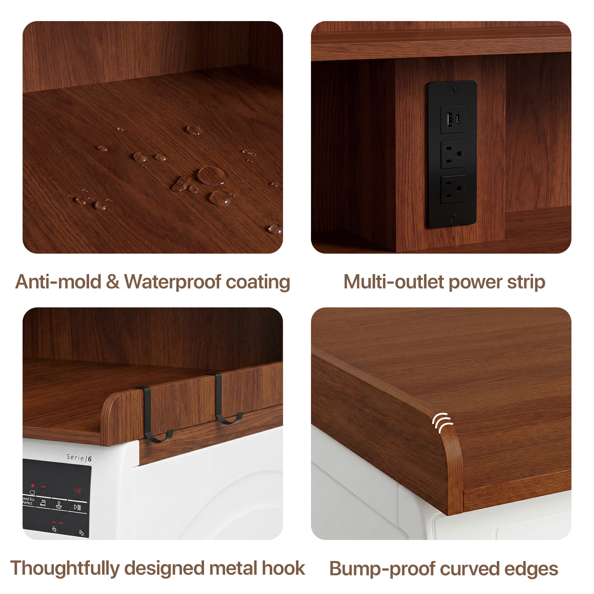 YDN Modern 54" Washer Dryer Countertop with Power Outlet & LED Lights - 2 Tiers Laundry Countertop with Shelf Space, Large Washer and Dryer Topper W/ Storage Basket,Non-Slip Pad,Metal Hooks,Walnut